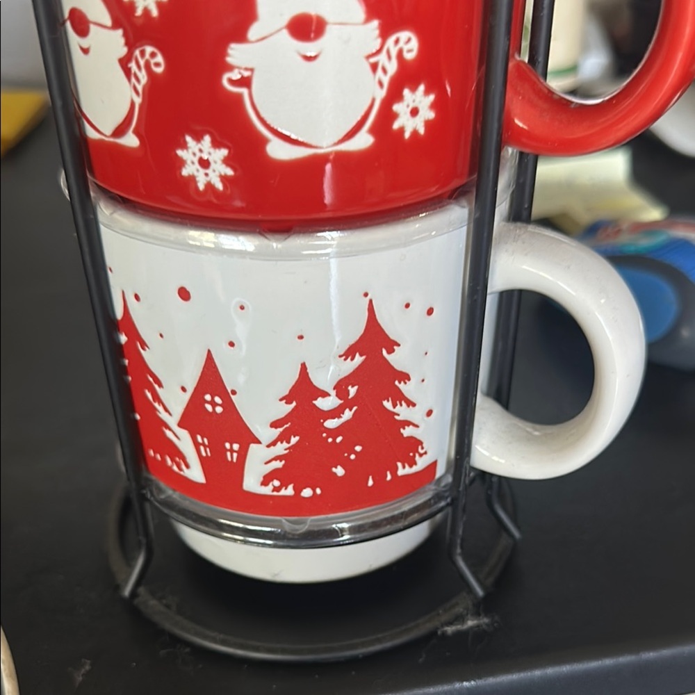 NEW stackable Festive Red and White Holiday Mug Set with cup holder
